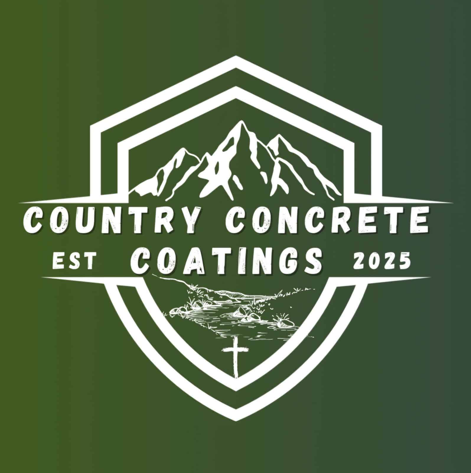 Logo featuring mountains, lake, and a cross. Text reads "Country Concrete Coatings Est 2025" on a green background framed by a shield outline.