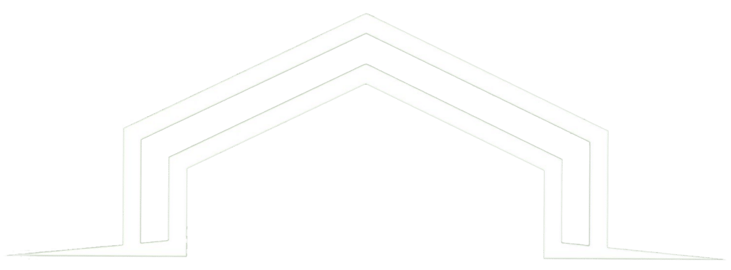 The image features a minimalist white outline of a house roof with two peaks against a green background, symbolizing home or shelter.