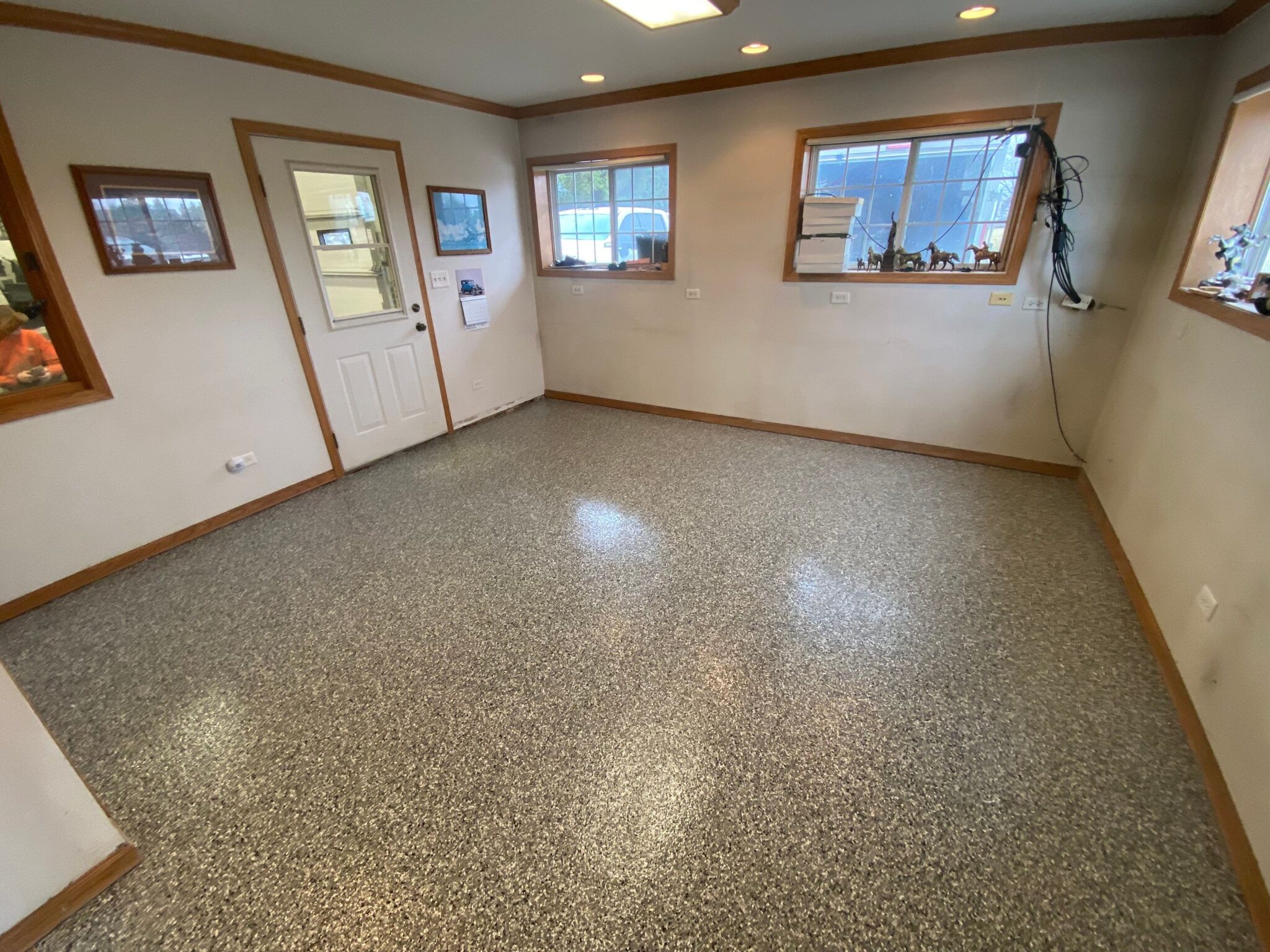 Empty room with speckled flooring, white walls, and wood-trimmed windows. A small door and framed pictures are visible. Wires hang near a window.